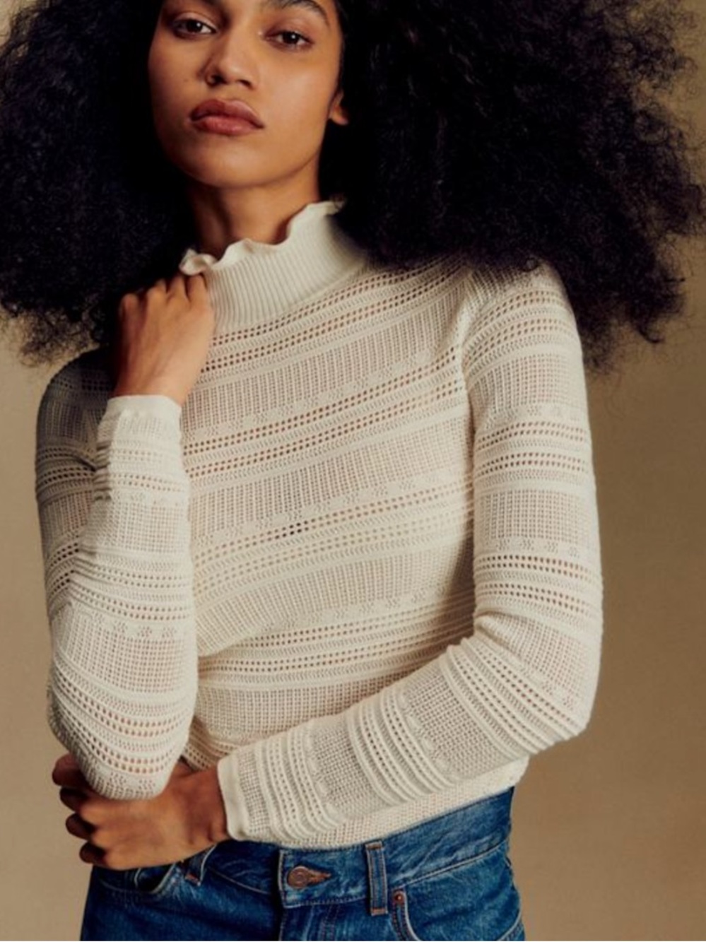 Sezane Hadrien Long Sleeved Merino Wool & Cotton Mock Neck Sweater in Ecru